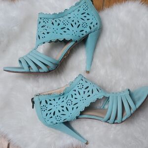 Pour La Victoire Blue Stiletto Heels with Laser-Cut Design